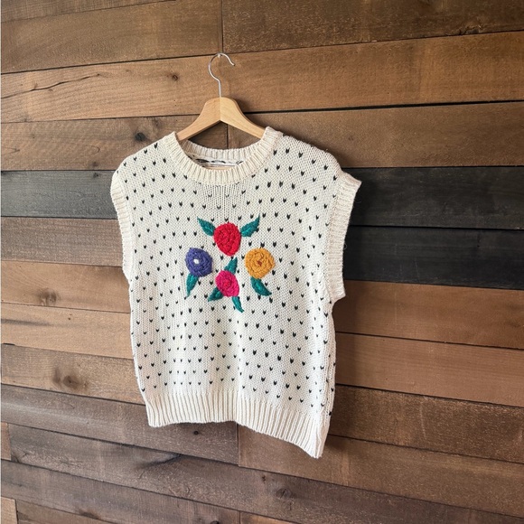 Vintage 80s Sugar Co Ltd Knit Sweater Vest Floral Cottagecore Cream - Picture 4 of 13